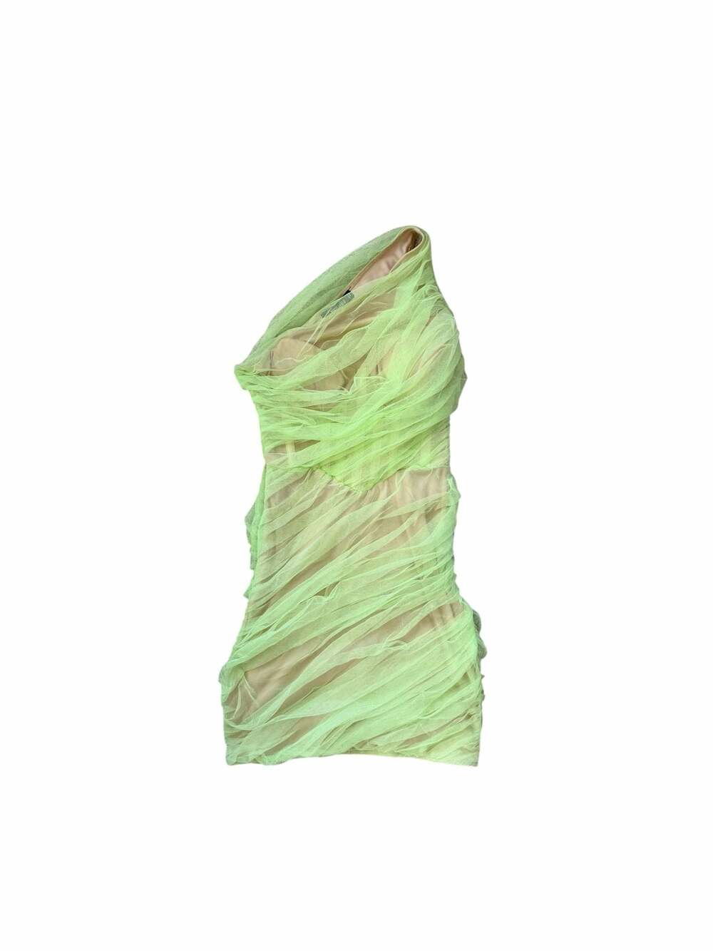 Missguided Lime Green One-Shoulder Ruched Mesh Mini Dress